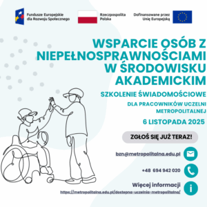 Zgłoś się na szkolenie Grafika promocyjna rekrutacji na szkolenie świadomościowe - Wsparcie osób z niepełnosprawnościami w środowisku akademickim przedstawiająca szkic młodego człowiek na wózku inwalidzkim przybijającego piątkę z drugą osobą
