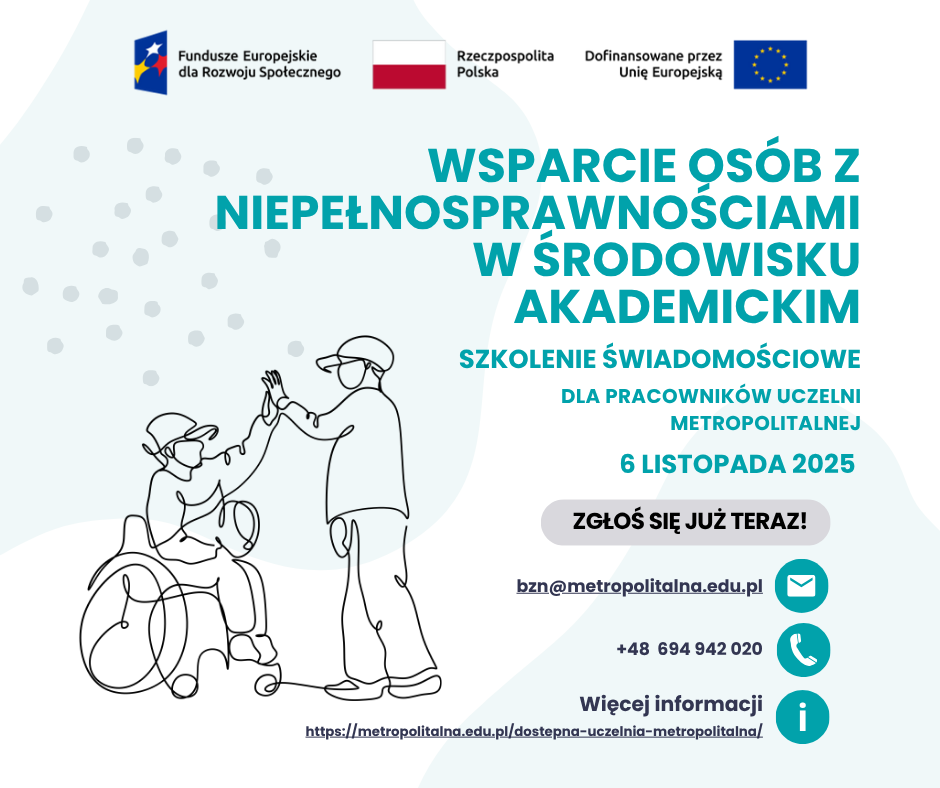 Grafika promocyjna rekrutacji na szkolenie świadomościowe - Wsparcie osób z niepełnosprawnościami w środowisku akademickim przedstawiająca szkic młodego człowiek na wózku inwalidzkim przybijającego piątkę z drugą osobą